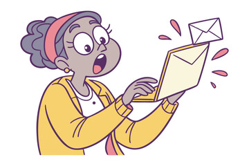 Surprised woman reacts to incoming email on laptop with shocked expression and falling envelope