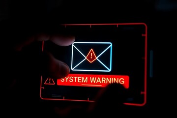 Close up of a person s fingers interacting with a digital screen displaying a system warning notification with an email icon and alert symbol