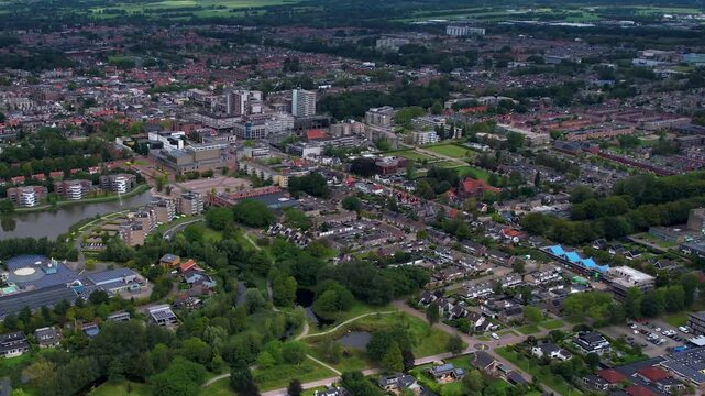 An panoramic Aerial view of the old town of the city Drachten in the Netherlands on a cloudy morning in summer