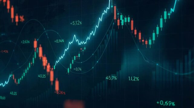 Visual representation of financial growth with a rising graph, illustrating market trends and stock performance using vibrant colors and digital elements.