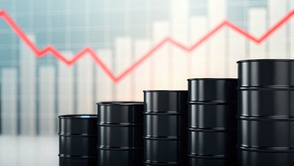 Blurred black Brent oil barrels with defocused falling price chart illustrating market downturn
