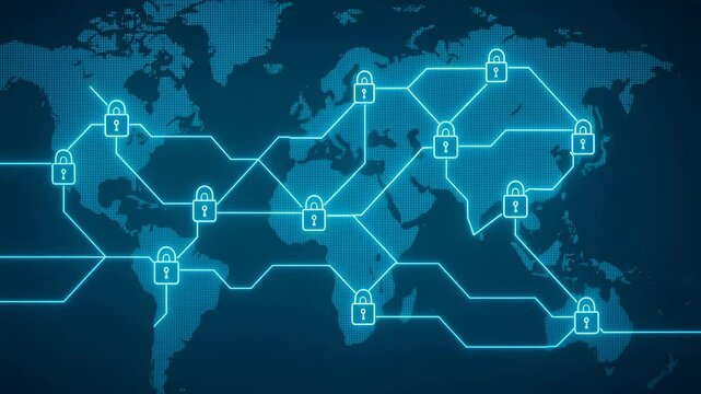 A digital world map featuring interconnected lines and padlocks, symbolizing cybersecurity and data protection. Ideal for illustrating global networks or secure communications.
