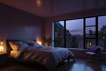 Bedroom interior dark tone in raining day