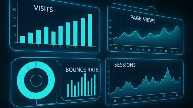 A modern data visualization interface showcasing various web analytics metrics, including visits, page views, bounce rate, and session statistics in a sleek digital design.