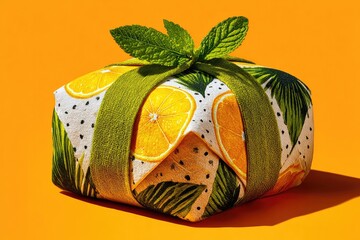 Brightly wrapped gift features vibrant citrus patterns with lush
