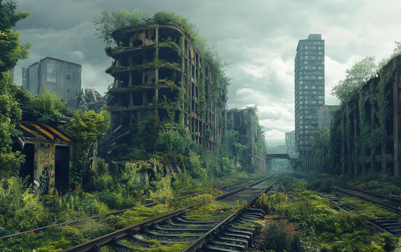 Overgrown city ruins with vegetation and train tracks in a post apocalypse