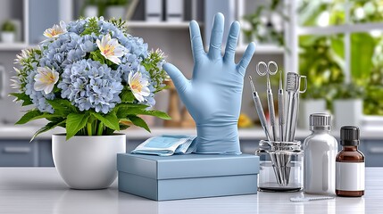 Doctor workspace with surgical gloves bottles tools and flowers high resolution picture