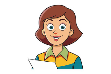 Friendly cartoon woman with short brown hair holding a blank piece of paper and smiling happily