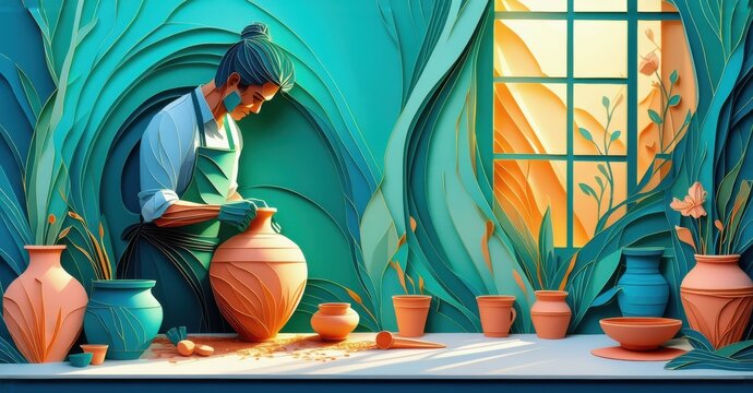 Potter works inside studio. Sunlight streams through window illuminating clay vessels, tools, vibrant papercraft style scene. - Powered by Adobe