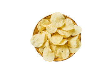 Crispy potato chips with herbs in a bowl isolated on transparent background