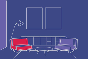 Interior design with modern living room on dark blue background , vector , illustration