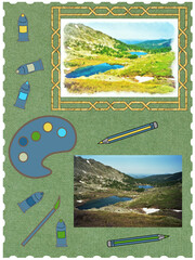 Composition of photograph, watercolors from it and art set for drawing: palette, brushes, pencils and tube of paint. Element of scrapbooking. Watercolor in frame. Mountain alpine landscape. Spring.