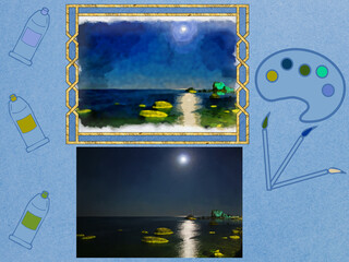 Sea night landscape. Moon, coast. Composition of photograph, watercolors from it and art set for drawing: palette, brushes, pencils and tube of paint. Element of scrapbooking. Watercolor in frame.