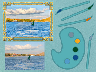 Composition of photograph, watercolors from it and art set for drawing: palette, brushes, pencils and tube of paint. Element of scrapbooking. Watercolor in frame. Coast, sea. Surfing under sail.