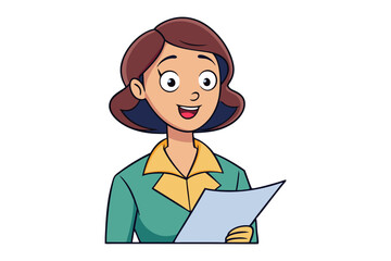 Smiling cartoon woman in a teal jacket and yellow shirt holding a document appearing engaged and ready to present information