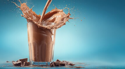 Chocolate milk pouring into a glass with a dynamic splash. Refreshing, sweet drink, cocoa, dairy, summer beverage, perfect for themes of sweet drinks, refreshment, indulgent treats, and beverage ads.