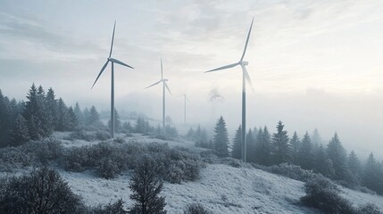 Frosty wind turbines stand tall amidst a snow-covered evergreen forest on a misty morning