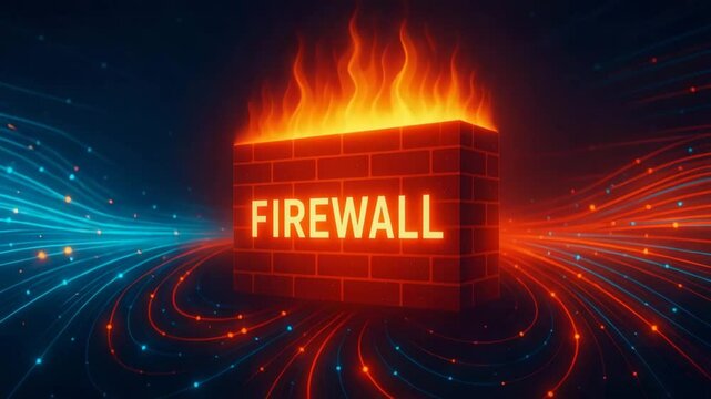 A digital illustration of a firewall surrounded by flames, representing cybersecurity and network protection. The vibrant colors symbolize the battle against cyber threats.
