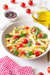 Pasta casarecce with tomatoes, basil and cheese. Italian cuisine. Vegetarian food.