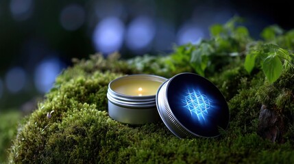 Organic balm tin on moss-textured wrap with luminous geometric foil grid and ambient blue light