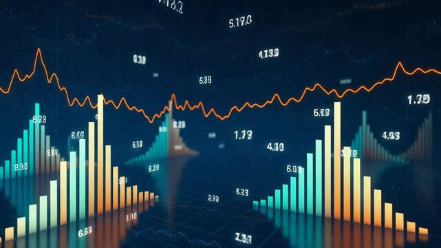Futuristic data visualization showcasing dynamic charts and graphs with vibrant colors, representing statistical trends in finance and technology environments for analysis and fore