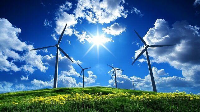 Idyllic landscape with wind turbines generating clean energy under a vibrant sky