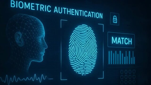 Futuristic biometric authentication interface displayed with a fingerprint scan and profile silhouette