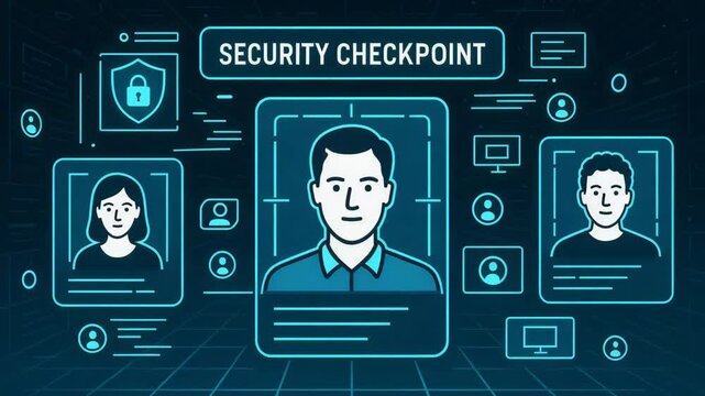 A modern digital security checkpoint showcasing facial recognition technology. Illustrations of various individuals with security icons create a futuristic atmosphere. - Powered by Adobe