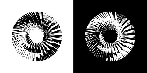 Dynamic abstract spiral sound wave rhythm lines. Circular spiral sound wave rhythm of lines. Circular futuristic abstract lines, black and white background.