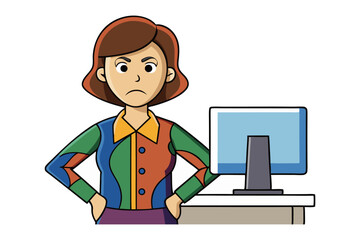 Frustrated woman with hands on hips stares angrily at computer screen while working at her desk