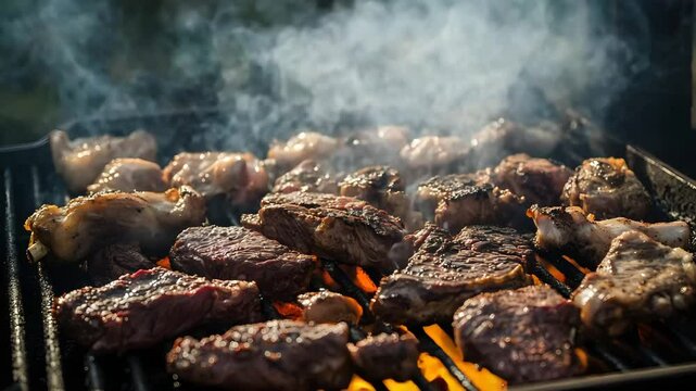 BBQ pit with juicy chunks of beef, chicken and mutton, dancing flames beneath, smoke softly spreading, natural light