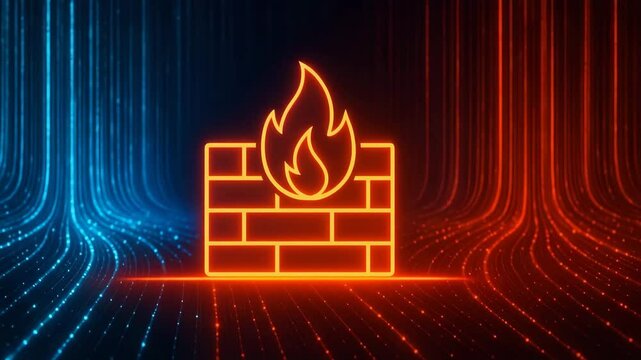 This digital illustration features a vibrant neon firewall icon surrounded by dynamic light streams. It symbolizes online security and protection in a modern tech environment.