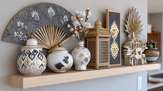 Interior shelf styling with cultural antiques and pottery high resolution picture