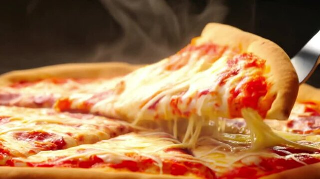 A cheesy pizza slice with a golden crust and melted cheese rises up and is followed by thin strips of cheese..
