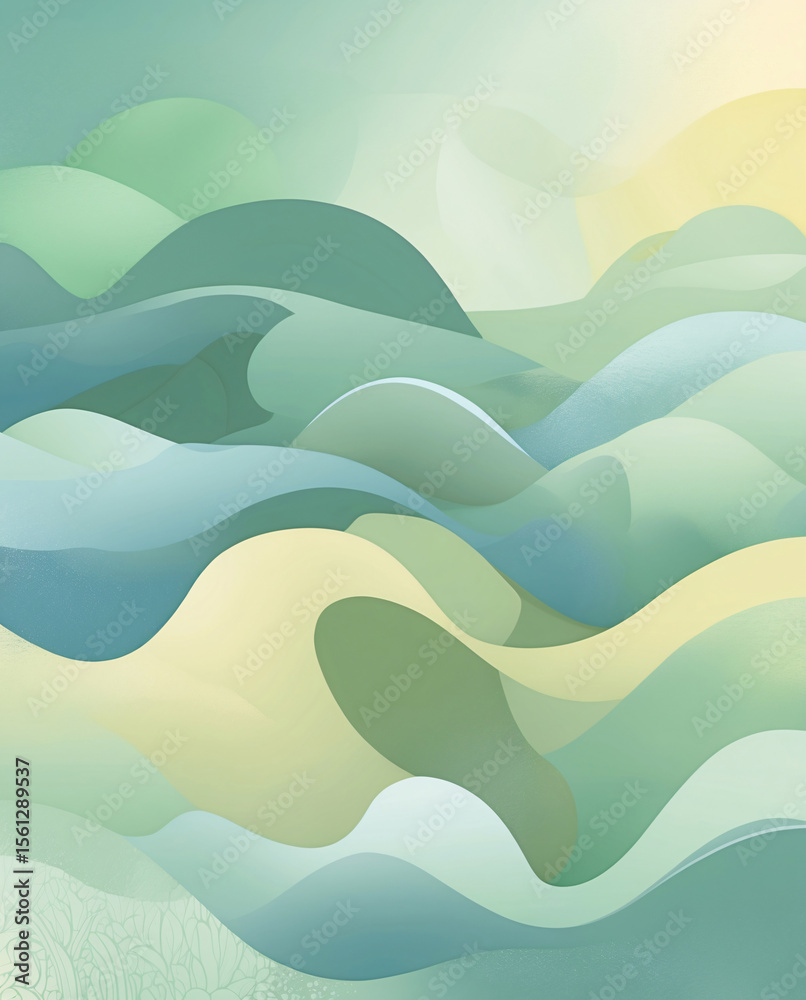 Fototapete abstract pastel wall background with 3d wavy gypsum design in green and yellow colors for architectu
