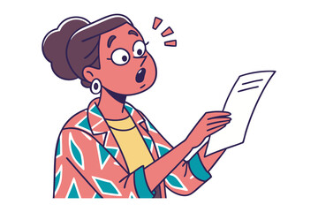 Surprised woman with open mouth and wide eyes reacts to shocking news on paper document