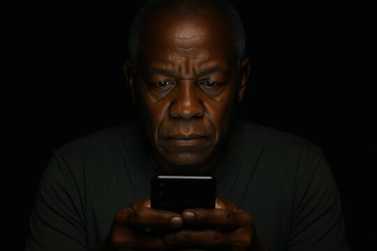 Elderly African American man intensely using phone in dark setting