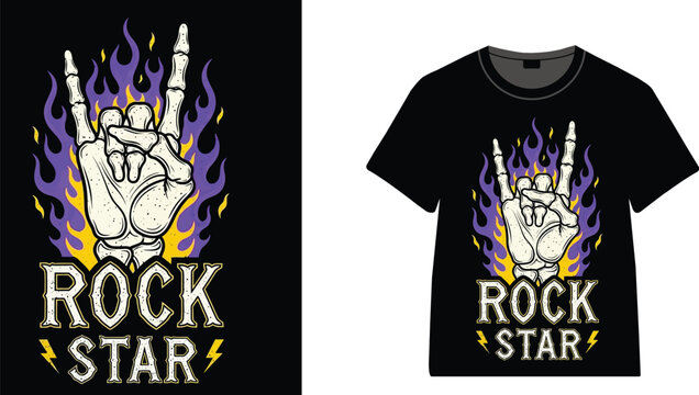 A black t shirt with a skeleton hand rock star design and flames on it