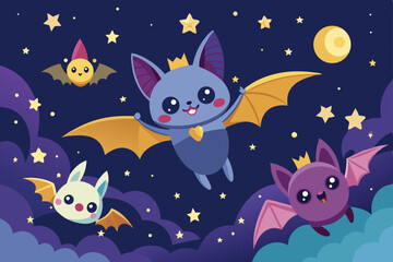 Cute bats and stars flying in the night sky vector illustration