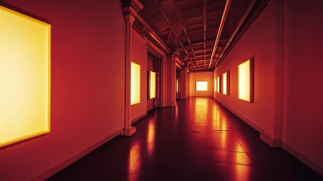 Gallery hallway with glowing frames