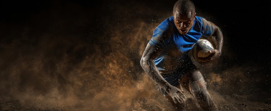 The rugby athlete sprinting through dust in an intense competition ??.