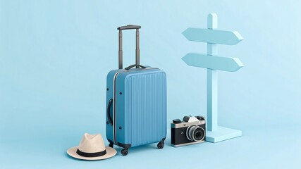Photo of a blue suitcase stands beside a camera and hat, with a signpost pointing in multiple directions