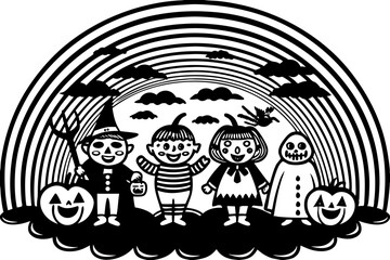 Fun Halloween characters on a rainbow vector illustration