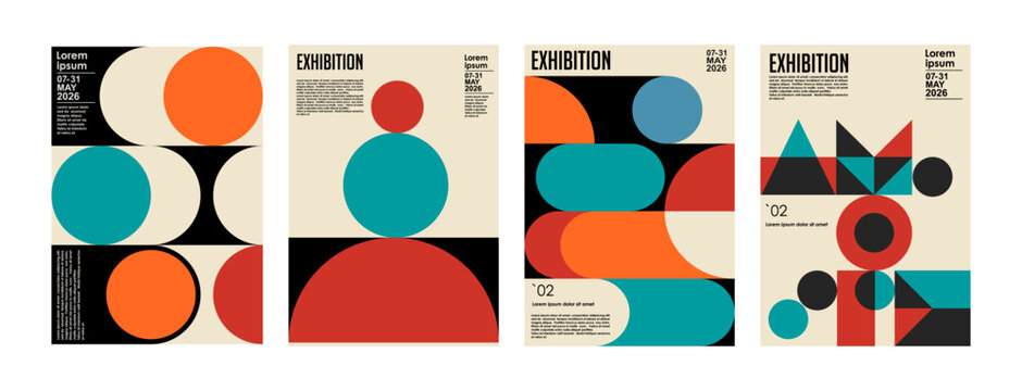 Art exhibition posters with abstract painting design. Vector vertical banners, invitation flyers to museum or gallery with trendy creative background with colorful patern blobs and drawn shapes.