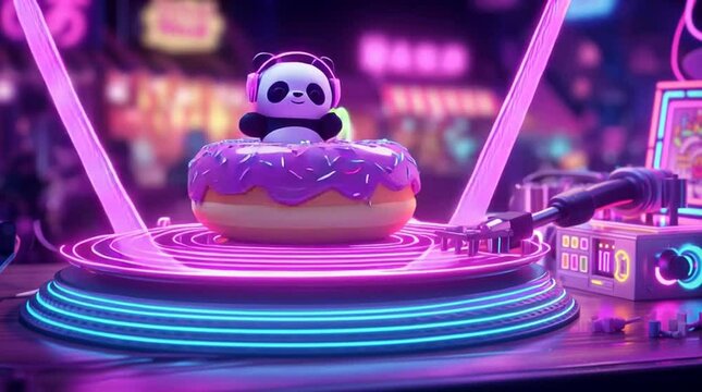 Kawaii panda DJ at night market, kawaii panda DJ with donut turntable, kawaii panda DJ and candy neon lights, Kawaii DJ panda festival