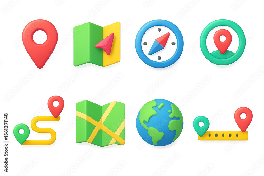Poster 3d location icons illustration for map and navigation design in simple style