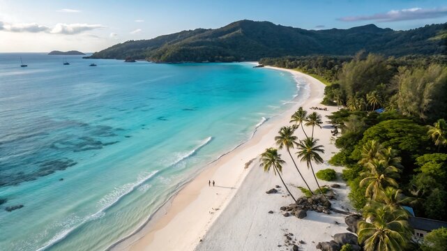 Photo of a breathtaking aerial view of a tropical beach with a couple walking along the shore, turquoise water, and palm trees