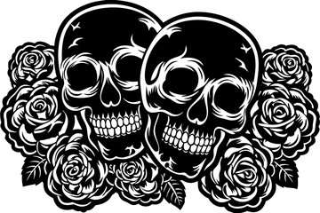 Bright neon roses with glowing skull elements vector illustration