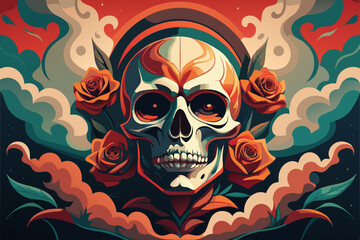 Ornate skull with smoke tendrils and rose blossoms vector illustration