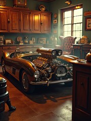 The V12 car engine was removed and placed in the engine compartment of the garage with a luxurious and vintage garage atmosphere.